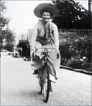 Katharine Hepburn riding a bicycle between scenes of the classic American movie 'The African Queen' in 1952. (AFP/Getty Images)