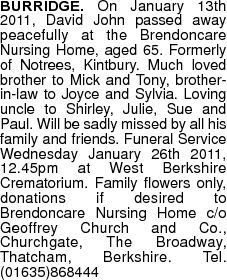 BURRIDGE obituary, , Newbury